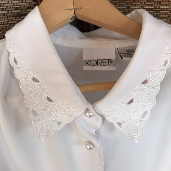 Koret Vintage 80s Cream Blouse: Size 16, Scalloped Eyelet Embroidery Detail - Picture 8 of 16